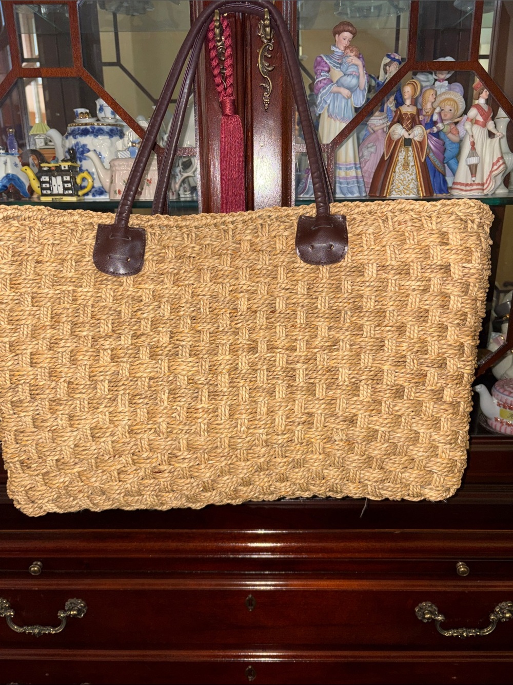 Woven Natural Straw Tote with Dark Brown Leather Handles
